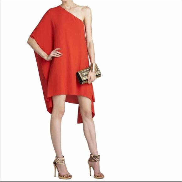 BCBGMaxazria Alana Asymmetrical Mini Dress XS One Shoulder Flowy Chiffon Red - Picture 1 of 13
